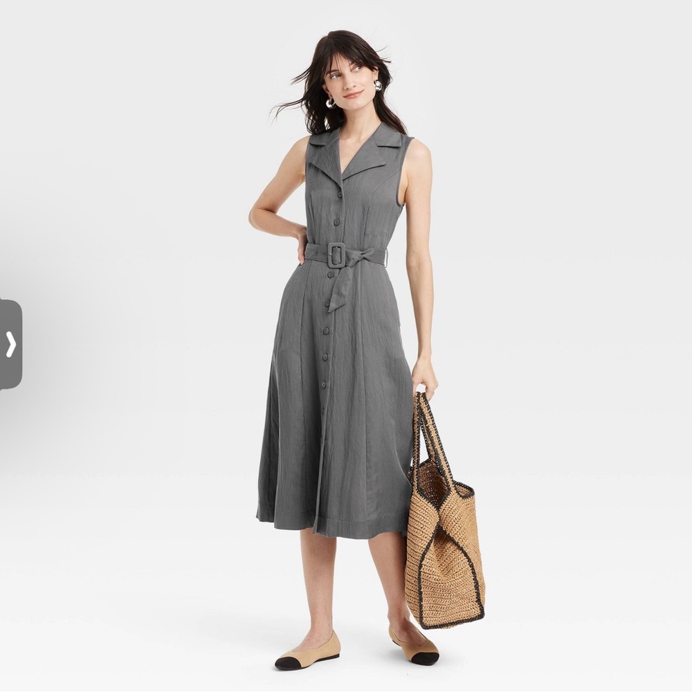 Women’s Tie Waist Midi Sundress.  Gray S